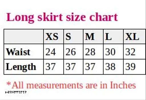 This is a size chart for the Raabta Lion Print Skirt, indicating the waist and length measurements in inches. The colors for the different sizes are red, blue, black, purple, and white