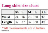 This is a size chart for the Raabta Lion Print Skirt, indicating the waist and length measurements in inches. The colors for the different sizes are red, blue, black, purple, and white