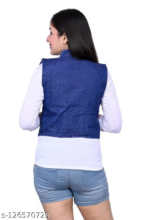 Denim women's jacket, blue and white, mid-length style