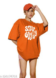 Orange oversized round neck printed T-shirt for women