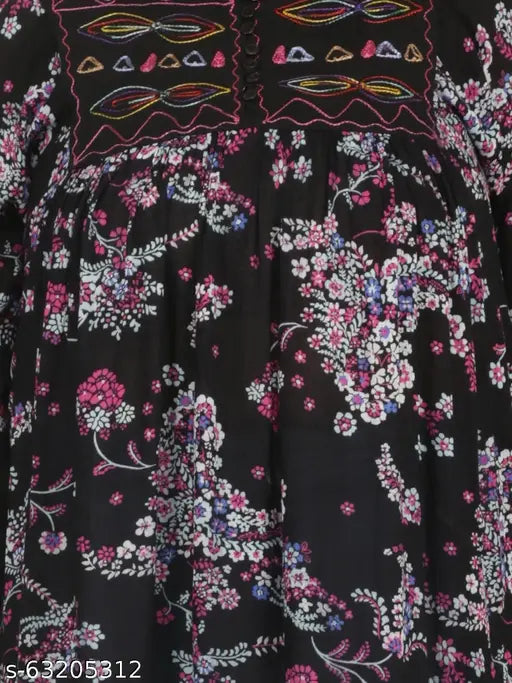 Veldress black floral print round neck top, long-sleeved rayon crepe, stylish Indian fashion