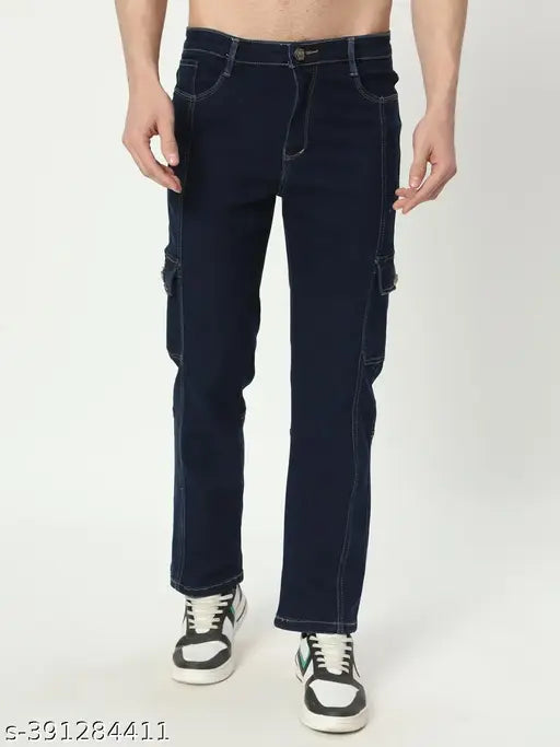 Denim men's mid-rise stretchable navy blue jeans, solid pattern, regular length straight fit