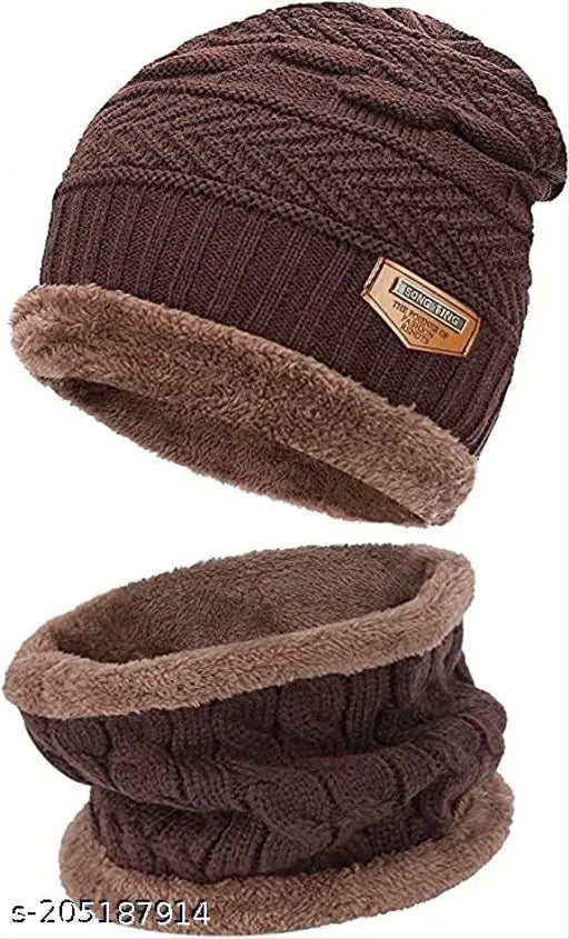 Winter woolen cap set with muffler & gloves - Solid design, soft acrylic beanie hat for men & women in onesize. Made in India