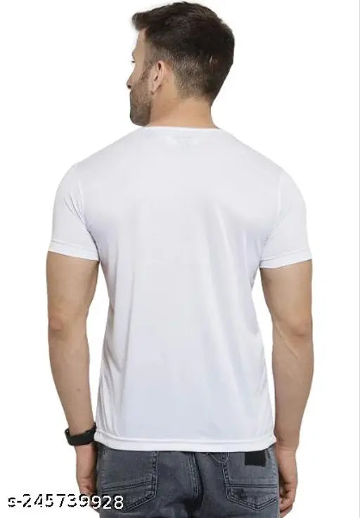 Plain white round neck polyester men's Holi t-shirt, short sleeves, printed design. Worn casually with jeans or trousers. Made in India