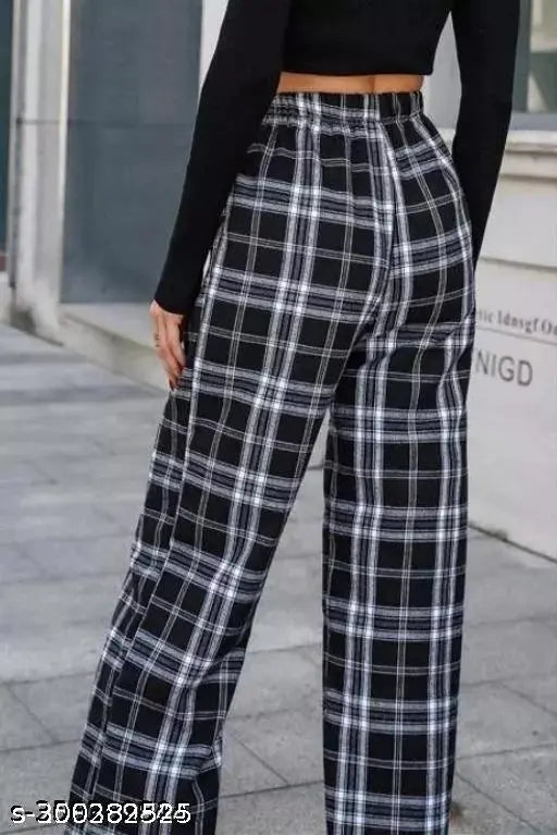 Black checkered high-waisted pants, premium quality fabric