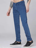 Just black men's slim light blue denim jeans, high-quality stretchable fabric with stylish details for casual or edgy looks. Available in sizes: 30, 36, 38, 46 (Waist 30/36/38/46, Length 42 in). India origin