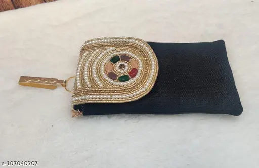 Jute embroidered net saree clutch, mobile pouch with waist clip, women's purse - India-made accessory