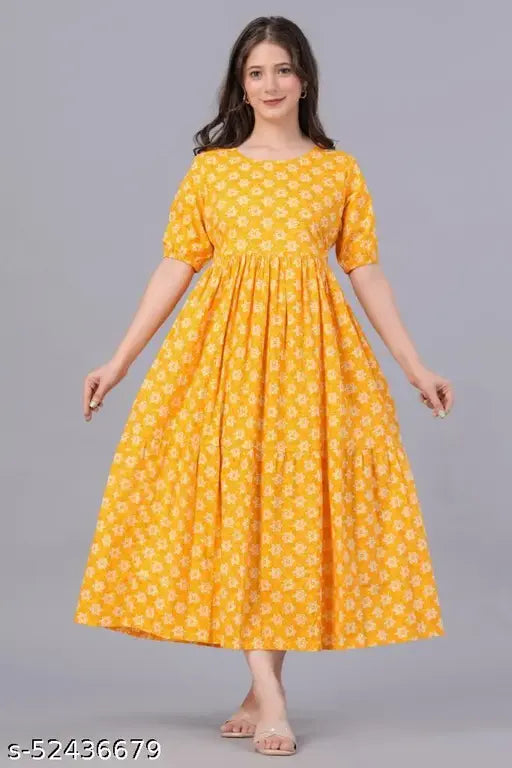 Yellow, floral print cotton sundress with A-line silhouette