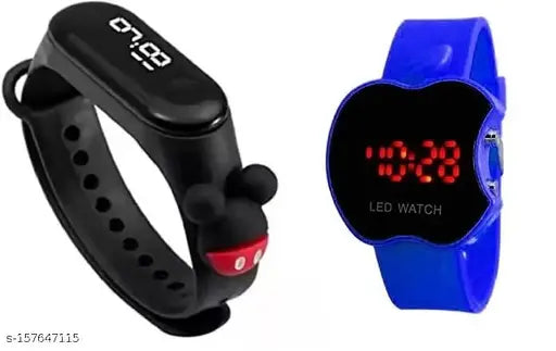 Blue and black sports watch with a soft band and cartoon character design, suitable for kids girls and boys