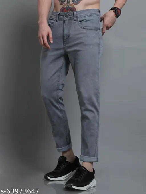 Solid grey denim men's jeans by Regrowth for stylish bowling outings, size 36 (36 waist, 43 length)