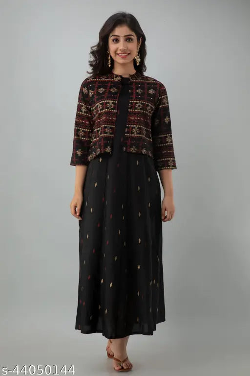 Black rayon Anarkali kurti with geometric print and short jacket, trendy ethnic wear for any occasion