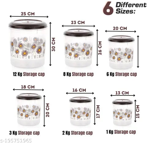 Set of six plastic kitchen containers in brown, ranging from 1kg to 12kg, for mixing and grocery storage