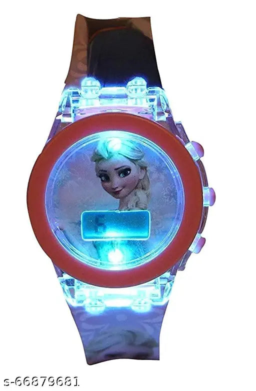 Pink digital watch with pink strap, featuring animated character