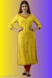 Yellow rayon embroidered kurta with three-quarter sleeves, Indian traditional clothing