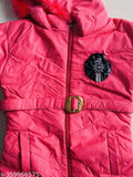 Pink padded jacket with black lining and a zipper