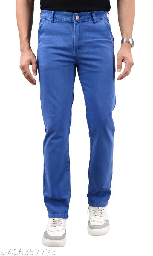 Men's skyblue denim jeans, trendy and stylish with a solid pattern. Stretchable and adaptable for casual or smart-casual wear. Available in various sizes (28, 30, 32, 34, 36, 38, 40). Made in India