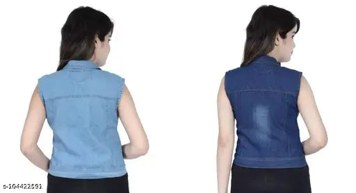 Denim sleeveless LightDark jacket, solid pattern, two-piece set in sizes XS and M