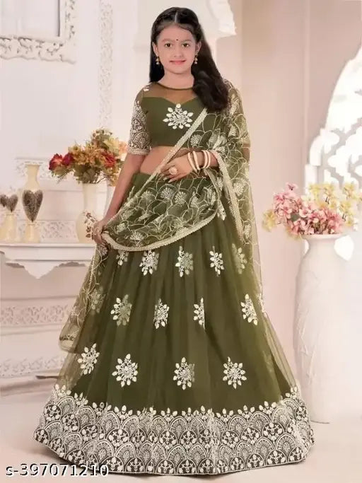 Kids net lehenga choli set with dupatta (pack of 1002), embellished semi-stitched, for ages 4-14 years