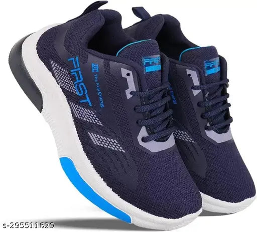 Kids sports shoes in navy blue with white outsole and blue shoelaces, suitable for running or casual wear