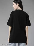 Black half oversized casual T-shirt with printed design, women's, round neck