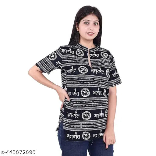 Cotton Mahakaal Damru Om printed women's short kurta, vibrant Indian attire with short sleeves