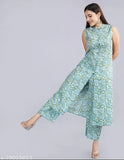 Women's cotton printed sleeveless kurta & plazzo set - Fine quality Indian ethnic fashion, vibrant print on soft cotton cambric