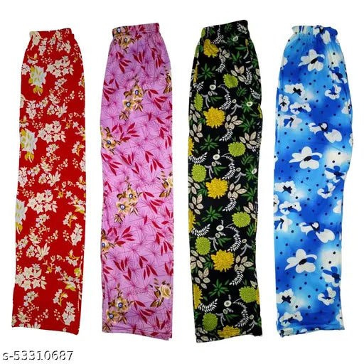 Set of four synthetic polyester pajamas for women, in various colors and patterns