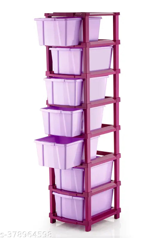 Purple plastic stackable drawer system, 8 stacked drawers