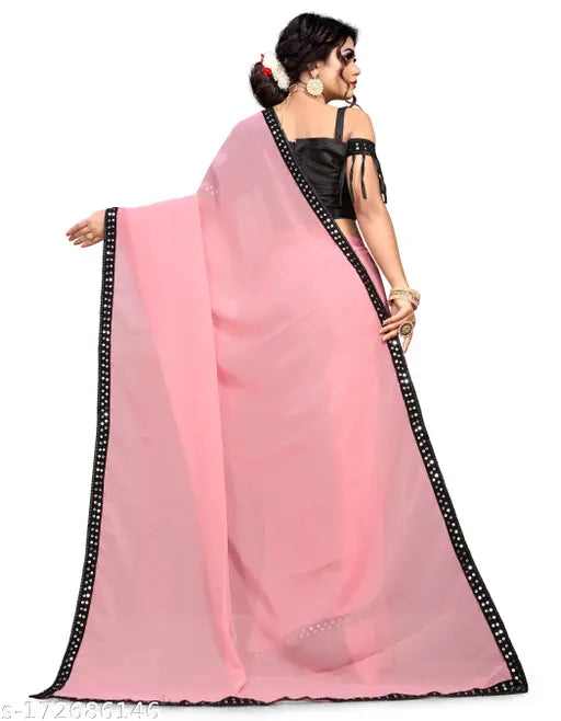 Pink georgette saree with intricate less border