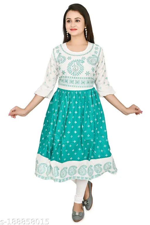 Rayon printed kurti sharara set in Sea green & Pink, ideal for festivals and daily wear. Anarkali gown for women made from premium quality pure cotton fabric. Sizes: M, L, XL. Made in India