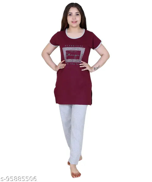 Printed cotton night suit, short sleeves, XXL size for ladies' lounge wear