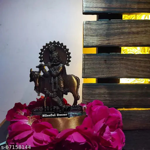 Copper-plated Krishna with Cow statues, small metal idol for car dashboard or home decor, antique finish (7cm x 12cm x 2cm)