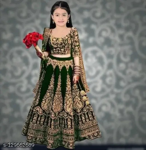 Green velvet ethnic wear Semi-stitched embroidered Lehenga Choli Dupatta set for baby girls, perfect for special occasions