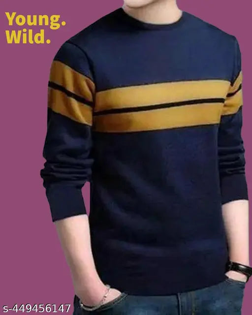Stylish navy blue men's chest striped long sleeve cotton blend T-shirt, round neck design, comfortable and fashionable