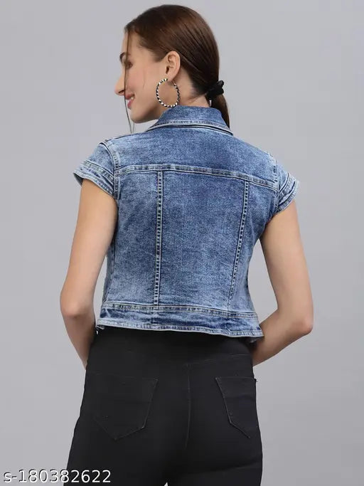 Blue washed checked crop denim jacket for women, cotton with contrast stitching and cut & sew panel details. Team up for stylish attire