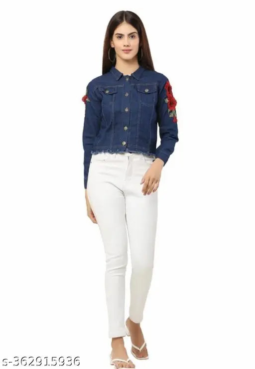 Dark rose denim long sleeve embroidered net top, Indian fashion for women - size S (bust 34in, length 24in)