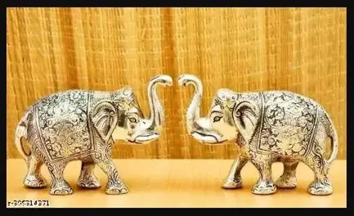 Silver-finished metal elephant pair decorative showpiece, intricate carvings, 13 cm x 9 cm x 5 cm size set, ideal for home ornaments