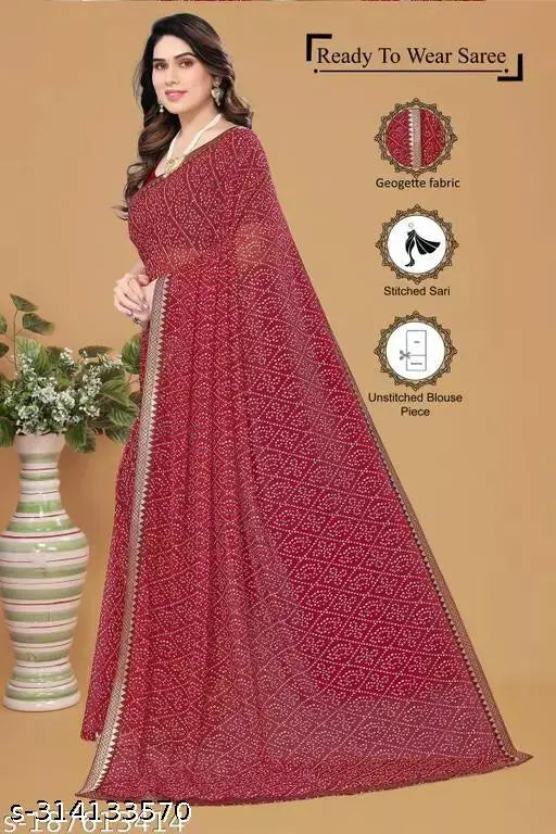 Red georgette bandhani saree with printed design, satin silk blouse, lace border. High quality traditional festival wear