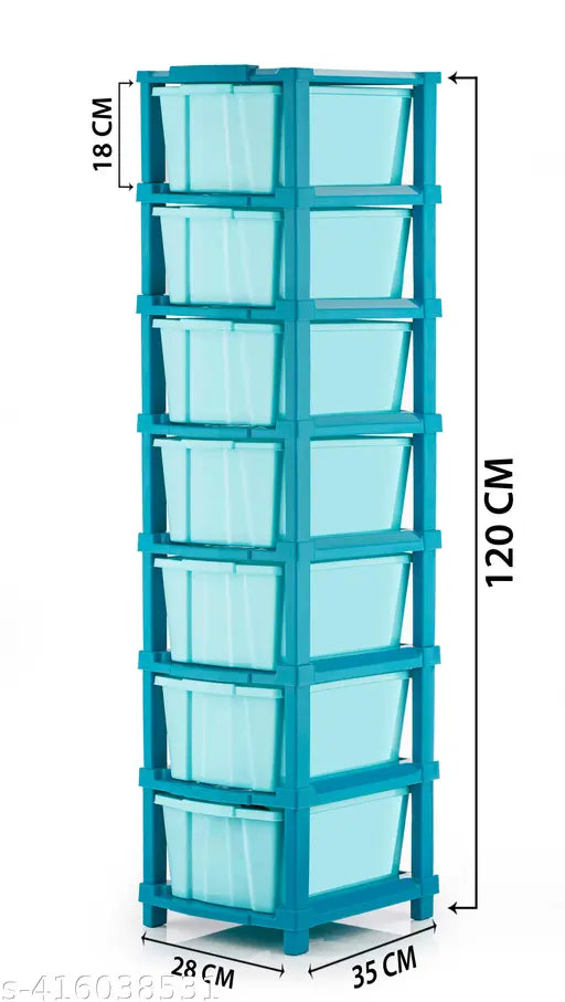 This is a 7 compartment sky blue plastic drawer organizer. Each tray measures 12cm x 9cm and stands at a height of 40cm. The set is perfect for home kitchen office use, providing ample storage space