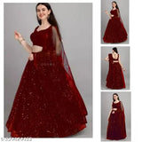 Maroon semi-stitched Lehenga Choli with embellished pattern, Indian-made women's traditional topwear & dupatta set