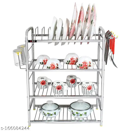 Stainless steel wall-mounted kitchen rack, holds plates and utensils, with glass holder, in a clean kitchen setting