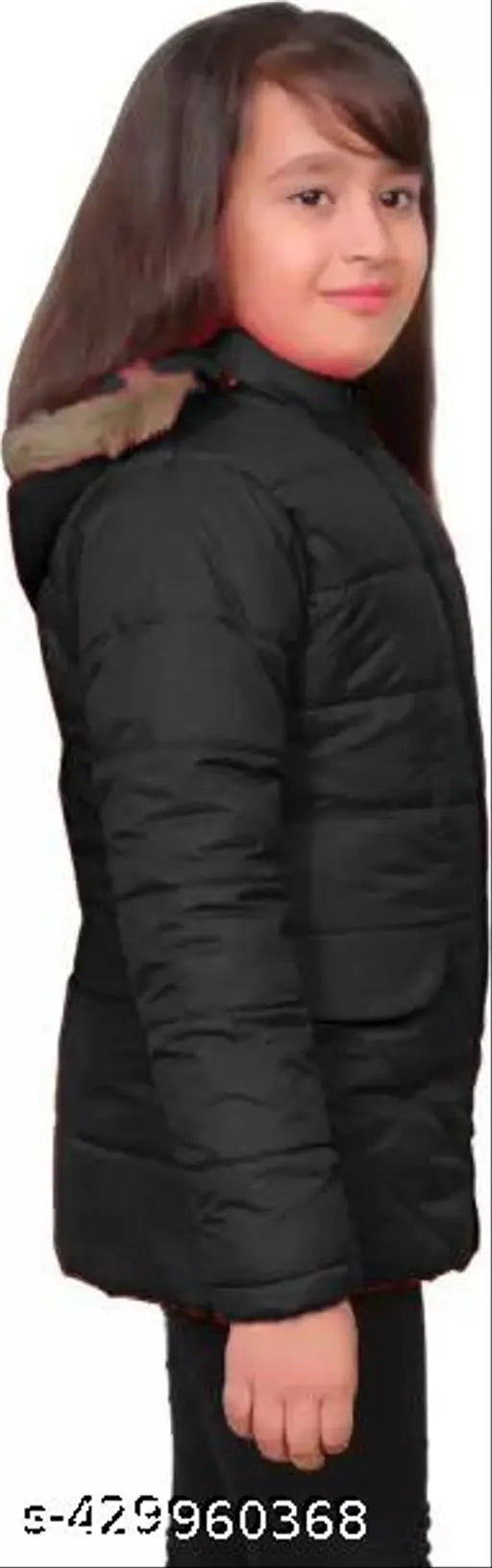 Black puffer style casual jacket, hoodie, with drawstring closure