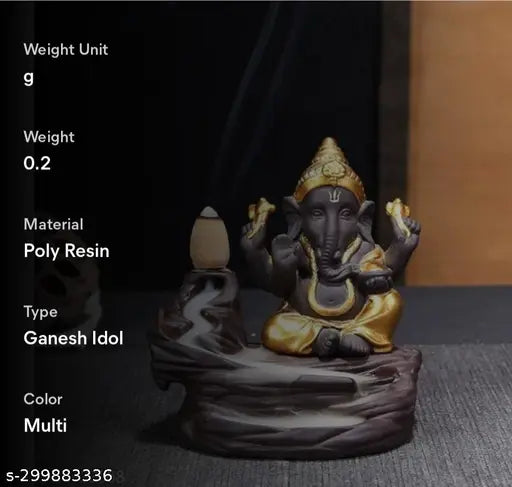 Gold resin Lord Ganesha figurine with smoke fountain, 3M base