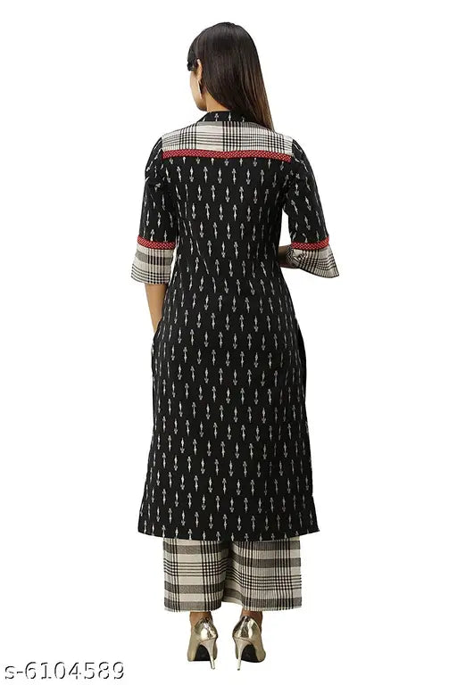 Cotton Ikat & Checks Print Women's Kurta with Palazzos - Indian-made, elegant, three-quarter sleeve ensemble with intricate prints and comfortable palazzos