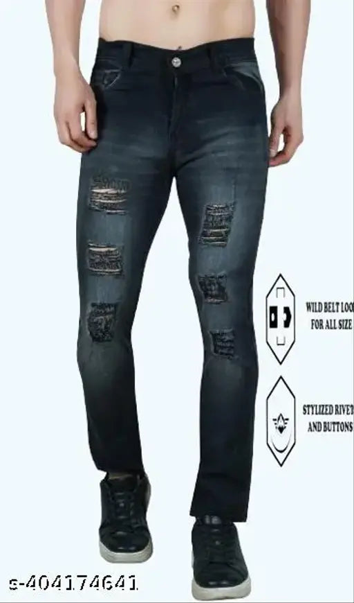 Grey distressed denim slim fit jeans