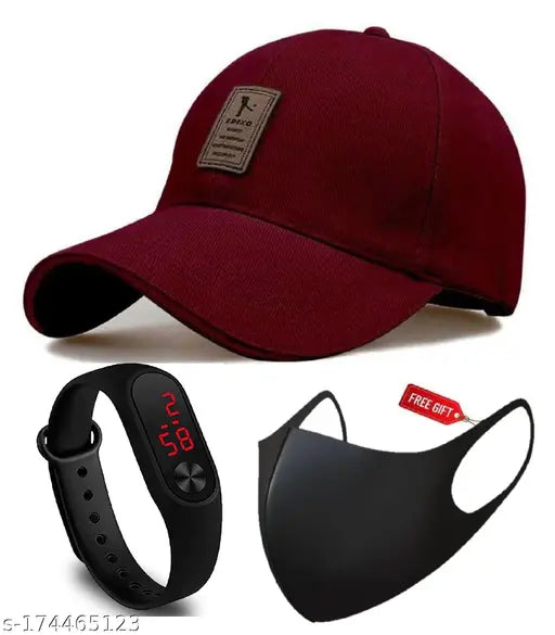 Adjustable Ediko men's/boys cap with black polarized mask & LED bandwatch, Cotton baseball cap with logo pattern