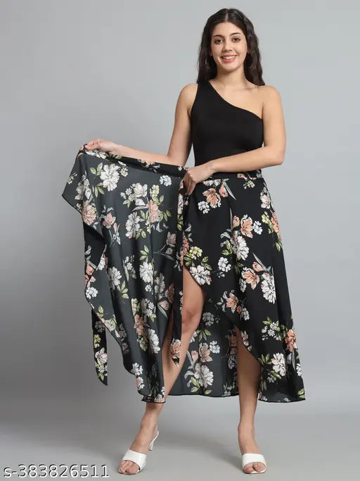 Floral black crepe wrap maxi skirt for women, perfect for casual and formal occasions. Matchable with tops for all seasons. Indian-made, suitable sizes 44, S, M, L, XL, XXL