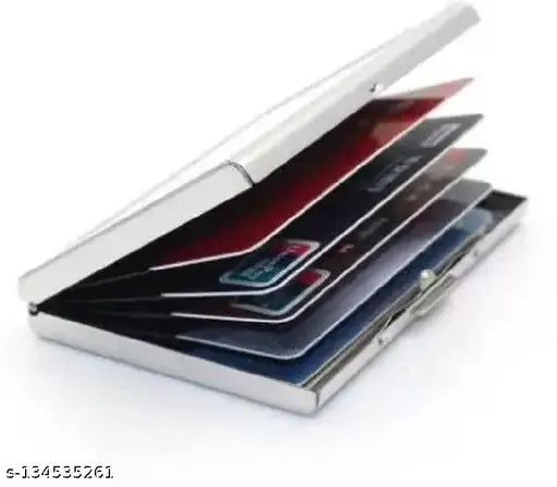 Black metal credit card holder, 5 compartments, RFID blocking, stylish design, multipurpose wallet