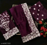 Embroidered georgette silk saree with white border and paisley design, 6 yards long