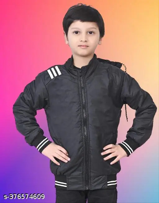 Black winter jacket with a hood, zipper closure, and pockets for boys